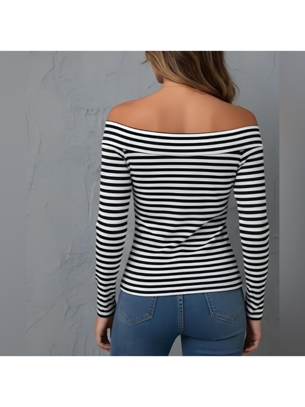 Striped Print Off Shoulder Tee - Picture 4 of 5
